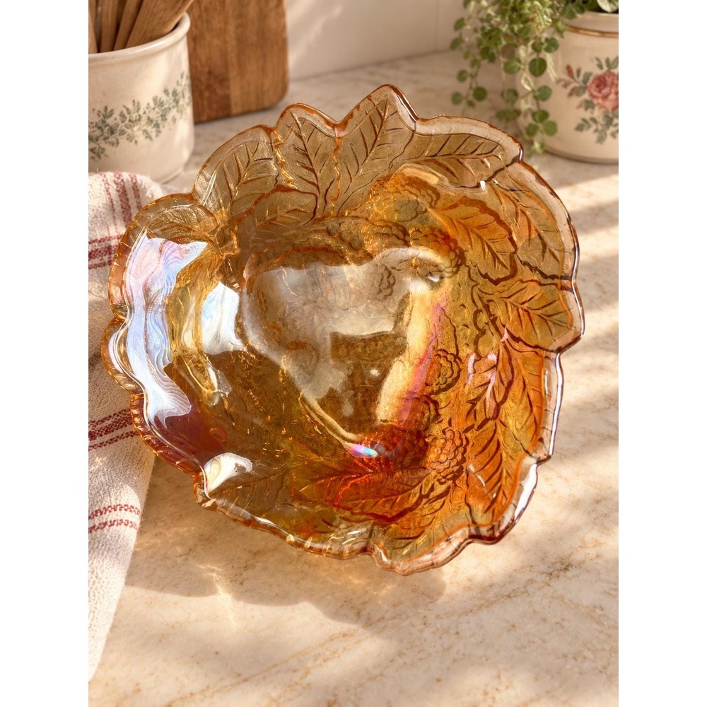 Vintage Indiana Glass Loganberry Carnival Dish Marigold Amber, MCM, Fall Decor